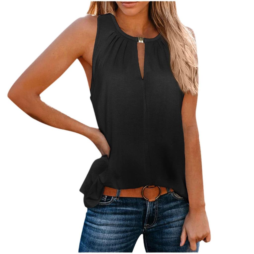 Spring and Summer Women's Personalized Buckle V-neck Solid Color Vest
