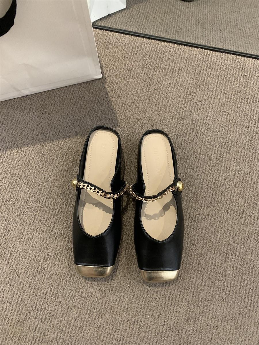 

Xiaoxiangfeng bag head half slippers outer wear women s shoes 2025 new chain word belt summer skirt single shoes 40 чёрный