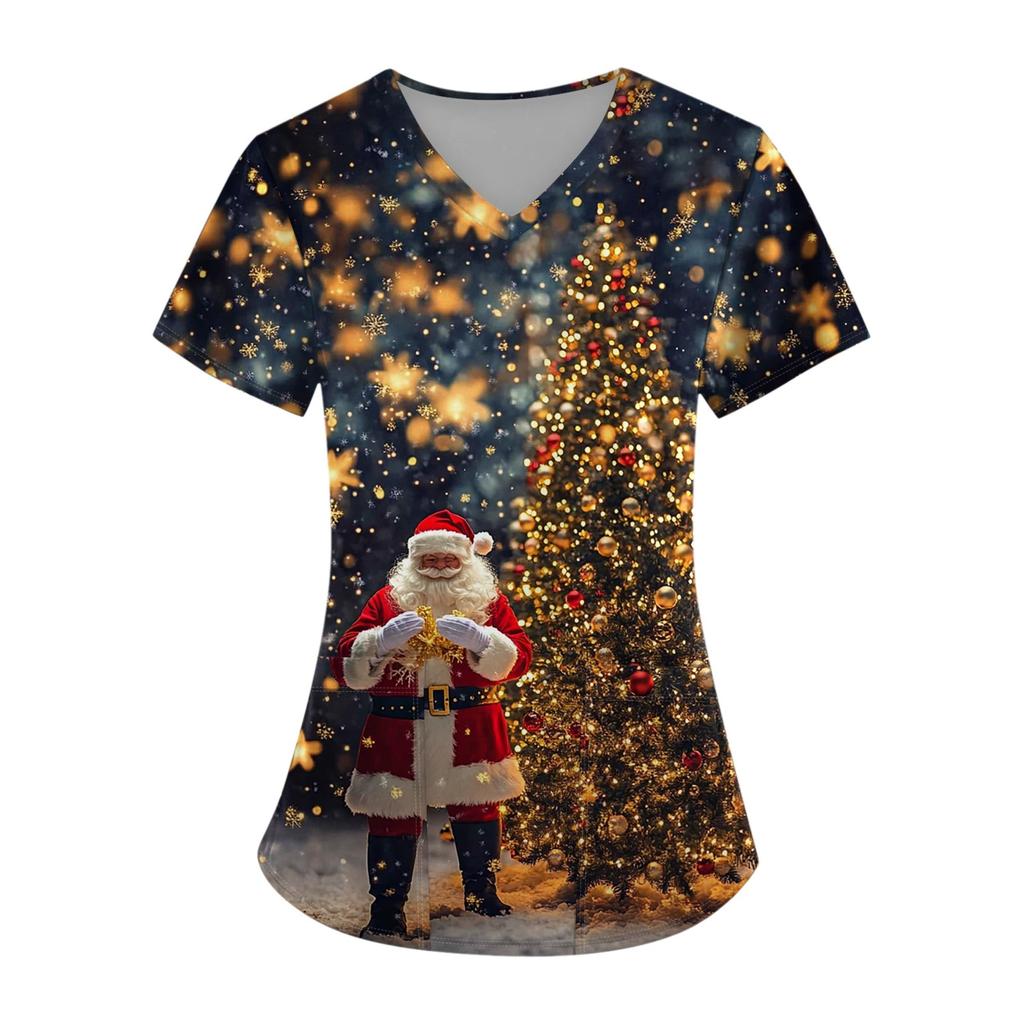 Женский топ с карманом и коротким рукавом с крестом и V-образным вырезом