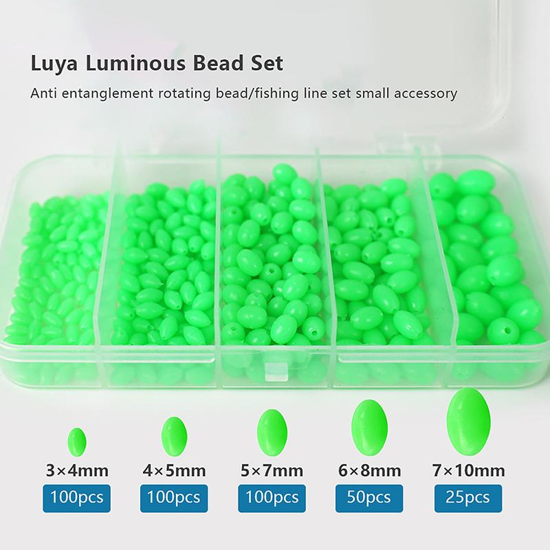 375Pcs/Box Luminous Fishing Beads Olive Green Oval Plastic Fish Beads Anti-Collision Bean Glowing Sink Beads Fishing Gear
