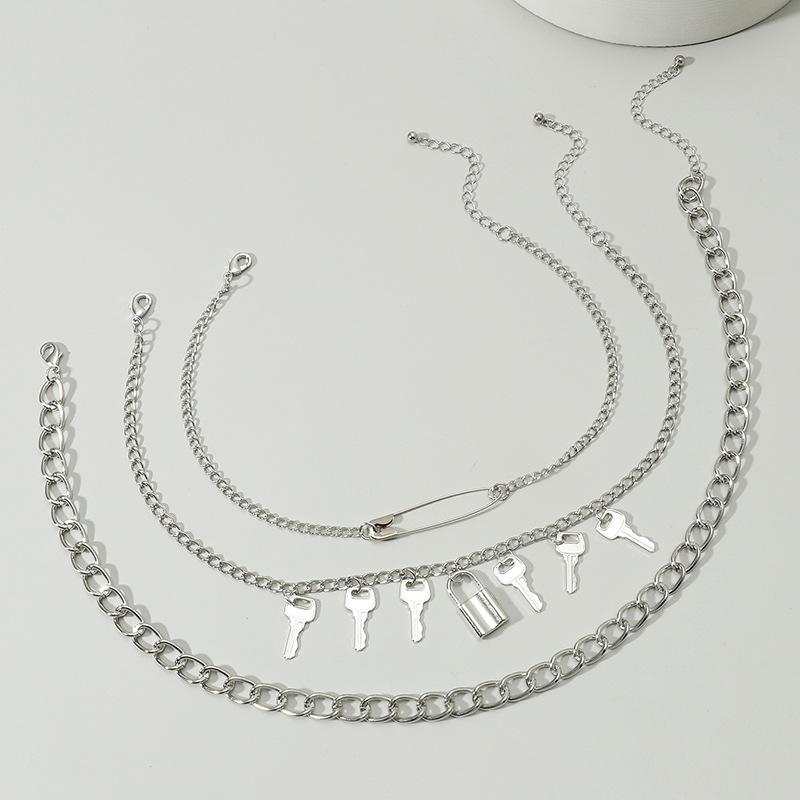 Retro Metal Chain Lock & Key Paperclip Necklace Set - European & American Fashion серебряный