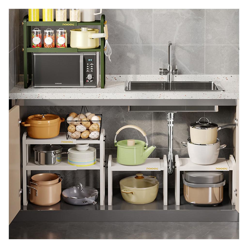 Tabletop Kitchen Storage Rack White Plastic Double Layers Telescopic Kitchen Shelf Organizer for