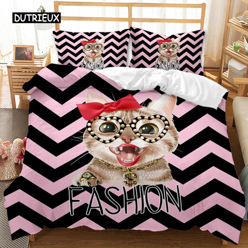 Cartoon Bed Cover Kawaii Room Cozy Reversible Comforter Cover Adorable Cartoon Animal Kitten Lovely Love-themed Long-lasting Polyester Qulit Cover