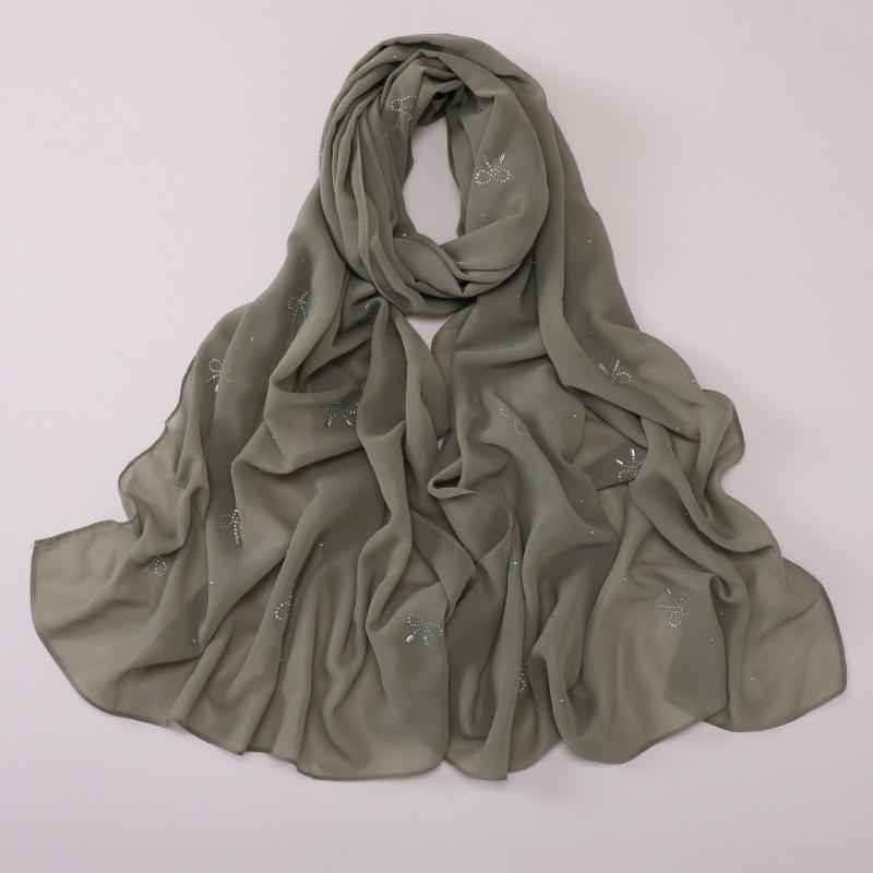 Pearl Chiffon Starry Bow Rhinestone Long Scarf Muslim Women Headscarf
