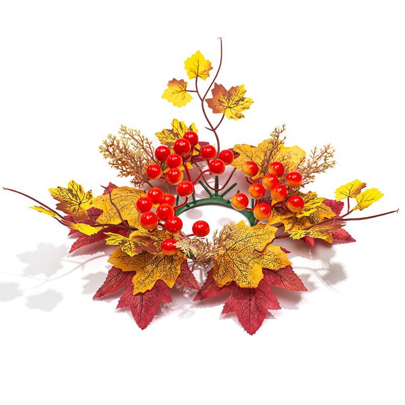Harvest Decorative Wreath With Maple Leaves Pumpkins Berries Candle Holder Tabletop Home Decoration