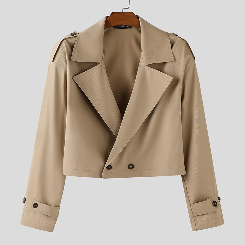 INCERUN Ovesized Men Lapel Neck Long Sleeve Buttons Up Short Windbreaker Coats