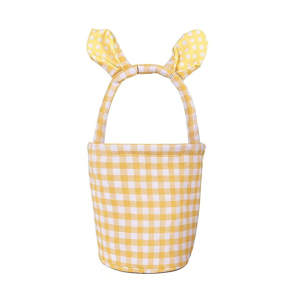 Grid Design Rabbit Ear Basket Breathable Material Plaid Pattern Easter Eggs Basket Bunny Ear Handle Moisture Resistant