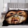 Surreal Face Print Bedding Set with Gray Tufted Headboard, Monkey Design Bedspread with Blue Eyes, Modern Bedroom Decor, White G
