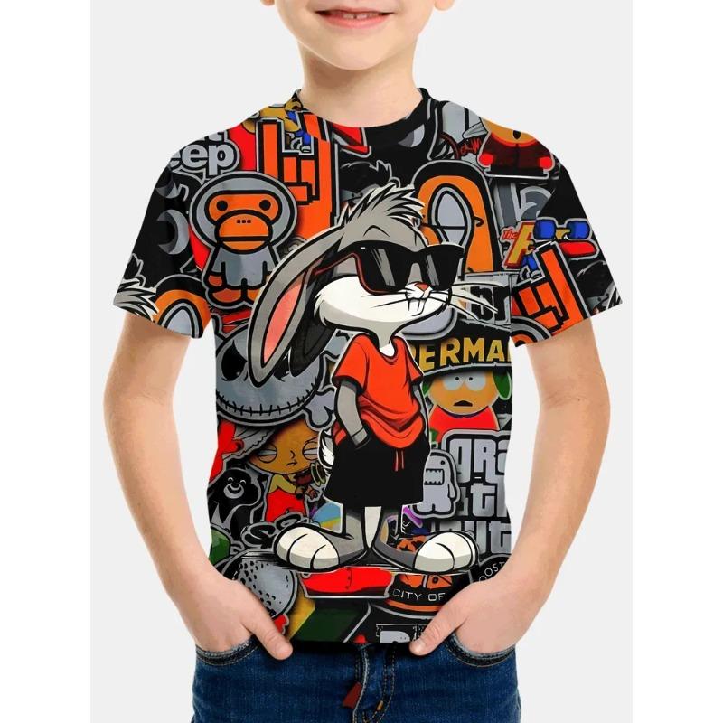 Modisches Bedrucktes Kurzarm Lockeres Rundhals Oberteil Einfache T-Shirts Jungen