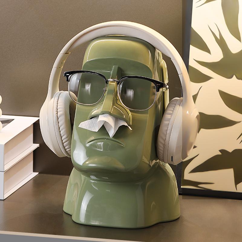 Creative Moai Stone Statue Tissue Box Glasses Holder Head Mounted Earphone Stand Home Multifunctional Decorative Ornament Gift