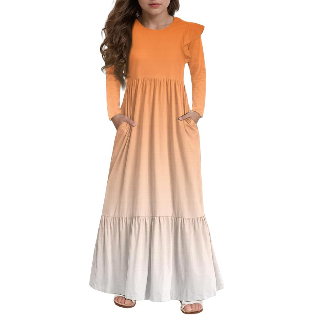 Mädchen Stufenkleid mit Rüschen - Langärmeliges bedrucktes Maxi mit Taschen