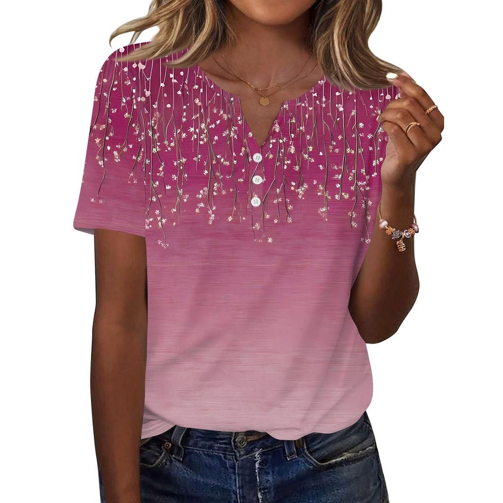 Damen T-Shirt mit Aufdruck und Knopfleiste, kurzärmelig, für den Alltag, Wochenendmode, Basic, V-Ausschnitt, normales Oberteil