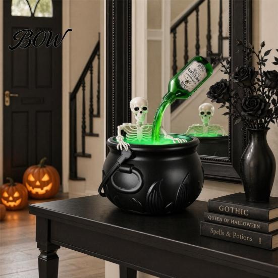 Dark Fantasy Cauldron Halloween Witch Cauldron, Large Plastic Black Bucket with Floating Potion Bottle, Glowing Green Smoke Spooky Soup Pot Decor for