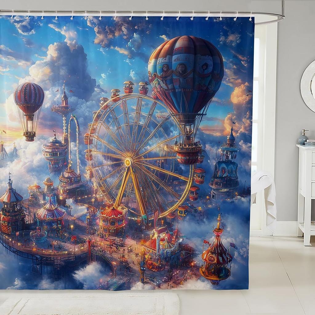 Cartoon Circus Bathroom Curtains Happy Holiday Shower Curtain Sets for Kids Boys Girls Funny Ferris Wheel Shower Curtain Funny
