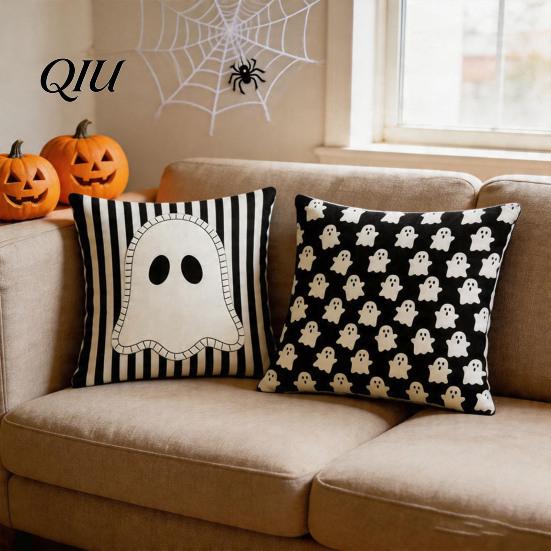 Washable Decorative Pillow Covers Halloween Ghost Cushion Cover, Spooky Skull Throw 18x18 Cases Inch Case for Living Room Sofa Couch Decor Farmhouse