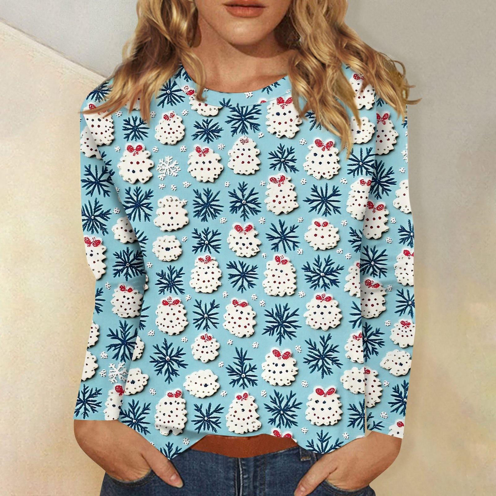 Женская мода повседневный рождественский принт круглый вырез длинный рукав пуловер — фото 12