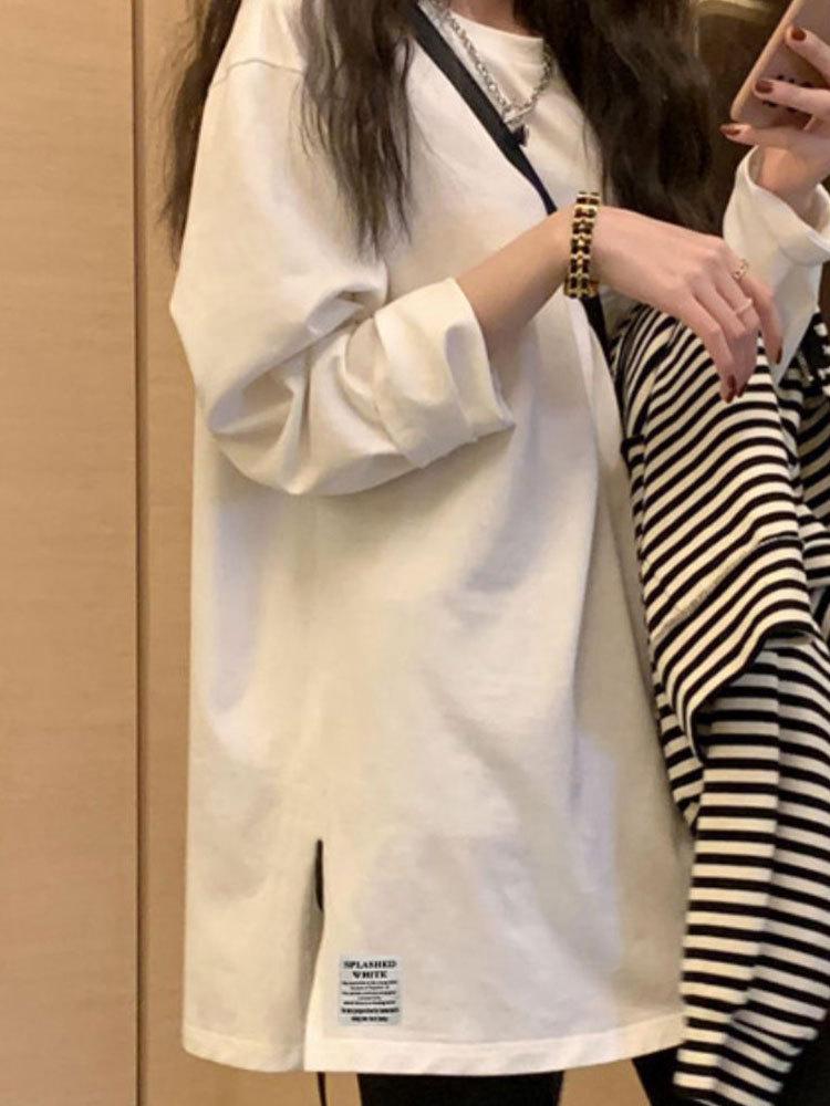 Women's Large European Style White Long-Sleeve T-Shirt - Loose Mid-Length Base Layer for Spring, Autumn, Winter.