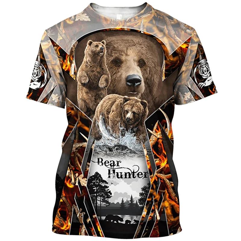 Pánské outdoorové lovecké tričko s 3D potiskem zvířete medvěda, ležérní streetwearové tričko s O-výstřihem a nadměrnou velikostí