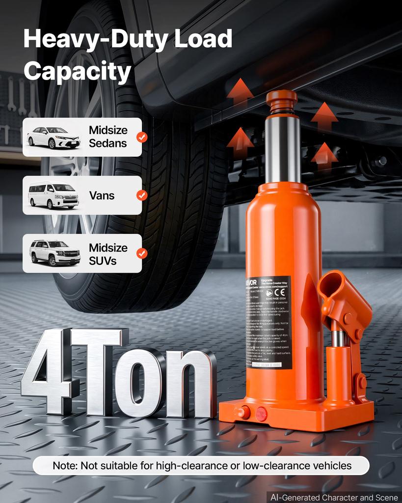 VEVOR Hydraulic Bottle Jack 4 Ton (8818.5 lbs) 194-379 mm Lifting Range, for Midsize Sedan, Midsize SUV, Van, Auto Repair & House Lift