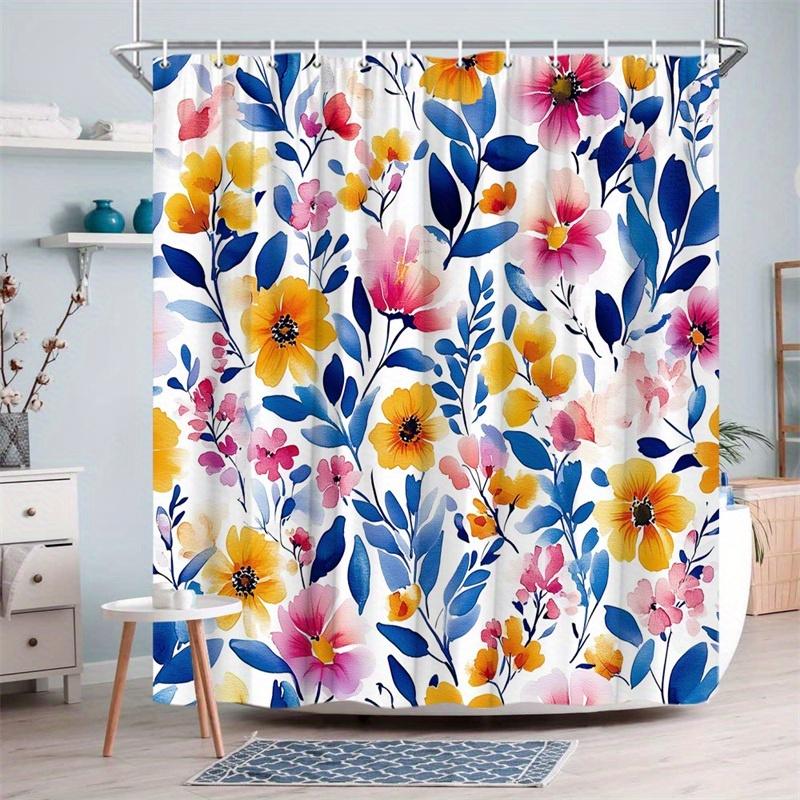 1 piece blue leaves and pink shower curtain, polyester fabric, machine washable, suitable for bathroom decoration