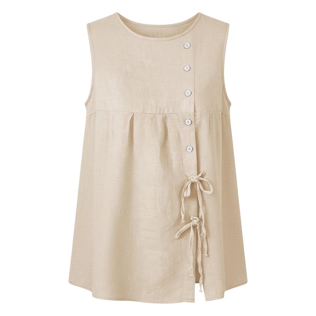 Women’s Loose Fit Sleeveless Crew Neck Linen Top with Button Front and Side Tie Detailing for Casual Wear
