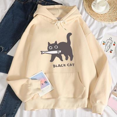 Lässiger Damen-Hoodie Schwarze Katze isst Fisch Aufdruck Sweatshirt Atmungsaktiv Locker Warm Pullover 2025 Herbst und Winter Streetwear