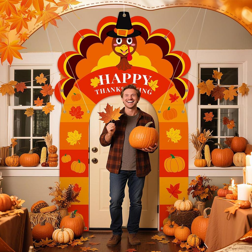 Thanksgiving Turkey Party Porch Banner Fall Pumpkin Maple Leaf Turkey Door Banner Arch Thanksgiving Decorations Archway Porch Sign Photo Backdrop