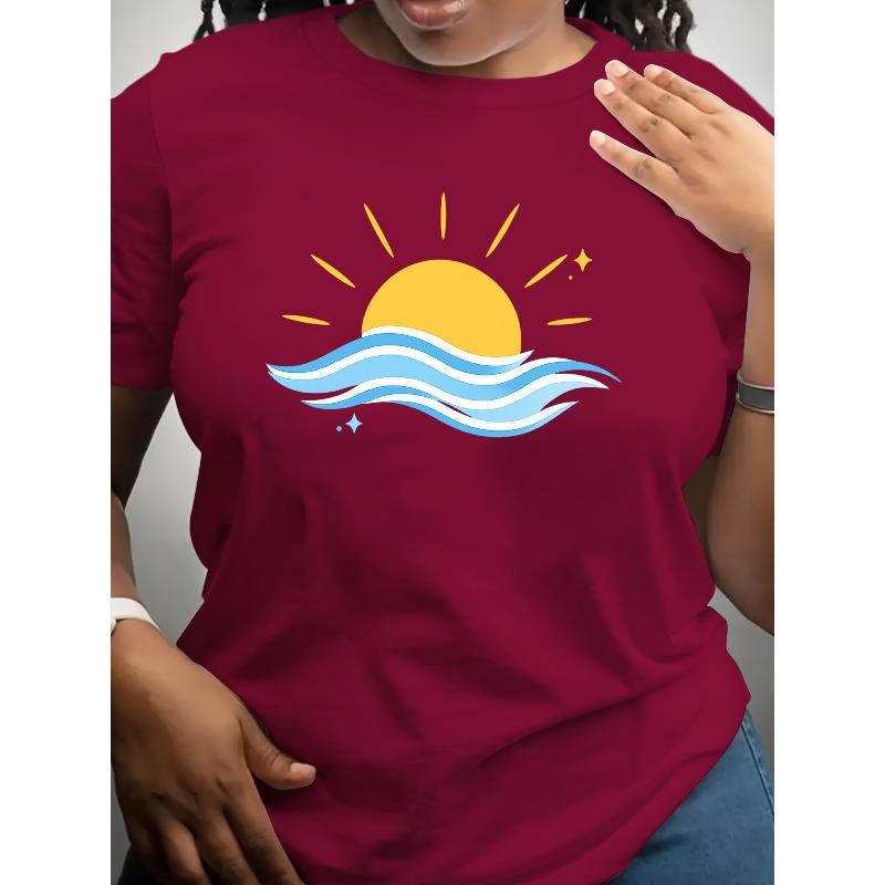Designed To Evoke The Beauty of Sunset and Ocean Waves, This Women S Casual Short-Sleeved Crew Neck T-Shirt Is Made of Soft, S