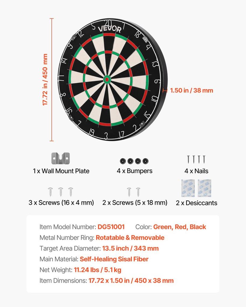 Dart Board, High-Grade Self-Healing Sisal Fiber Dartboard with Staple-Free Bullseye, Blade Wire & Rotating Number Ring, 450mm Professional Dartboard