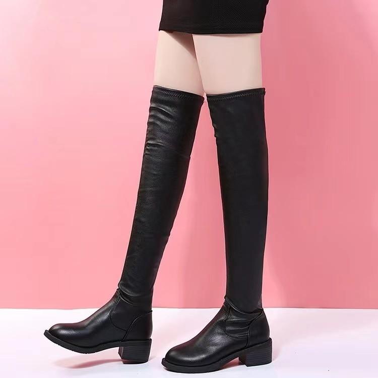Large size high boots women's over-knee elastic boots women's winter velvet long boots round head thick heel Martin boots tide