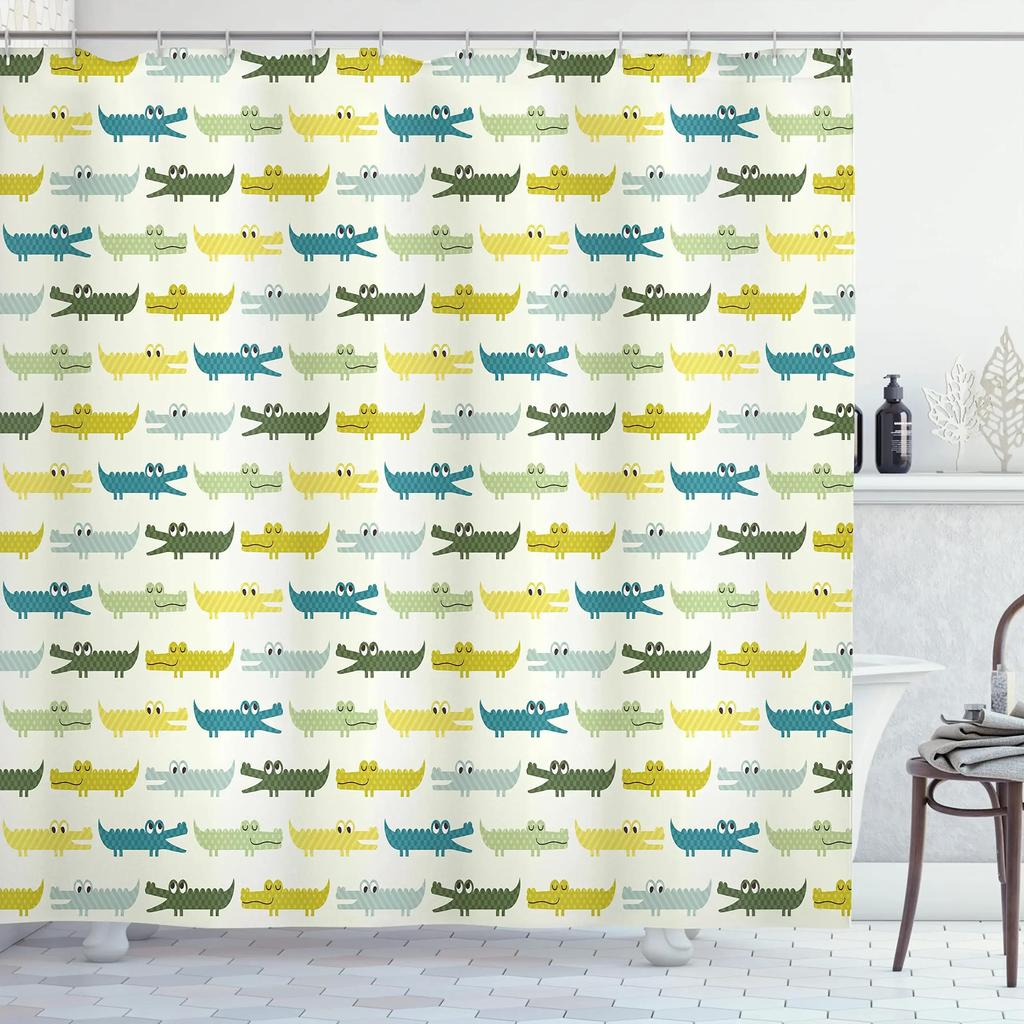 Cartoon Style Animal Shower Curtain Funny Crocodile Kids Shower Curtain Waterproof Fabric Bathroom Decor Screen with Hooks