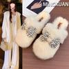 Autumn/Winter 2025 Women's Chunky Heel Furry Cotton Slippers - Mid-High Rabbit Fur Mule Shoes