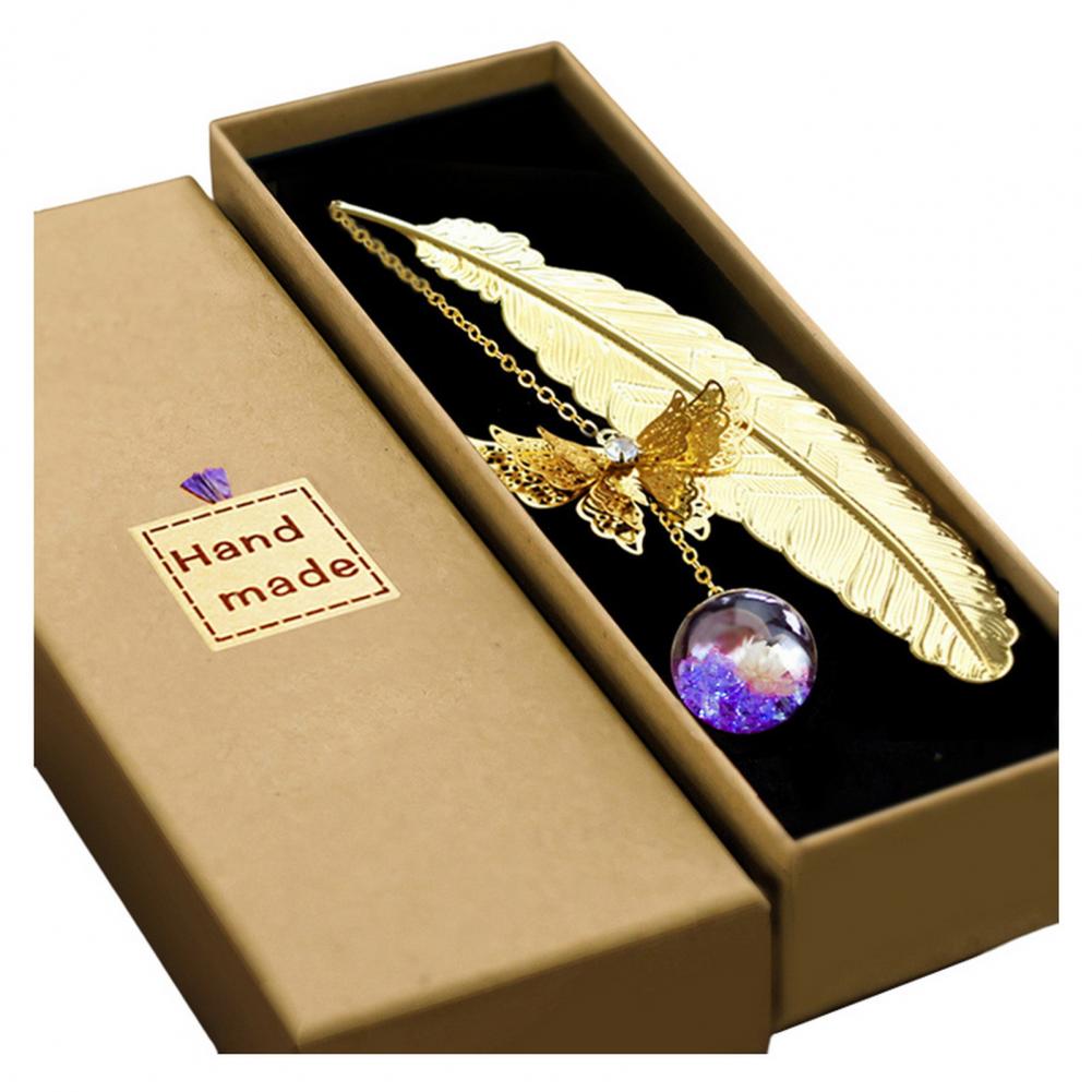 Bookmark Metal Feather Bookmark 3D Butterfly Pendant Dried Flower Book Lovers Teachers Gift Book Accessories With Gift Box