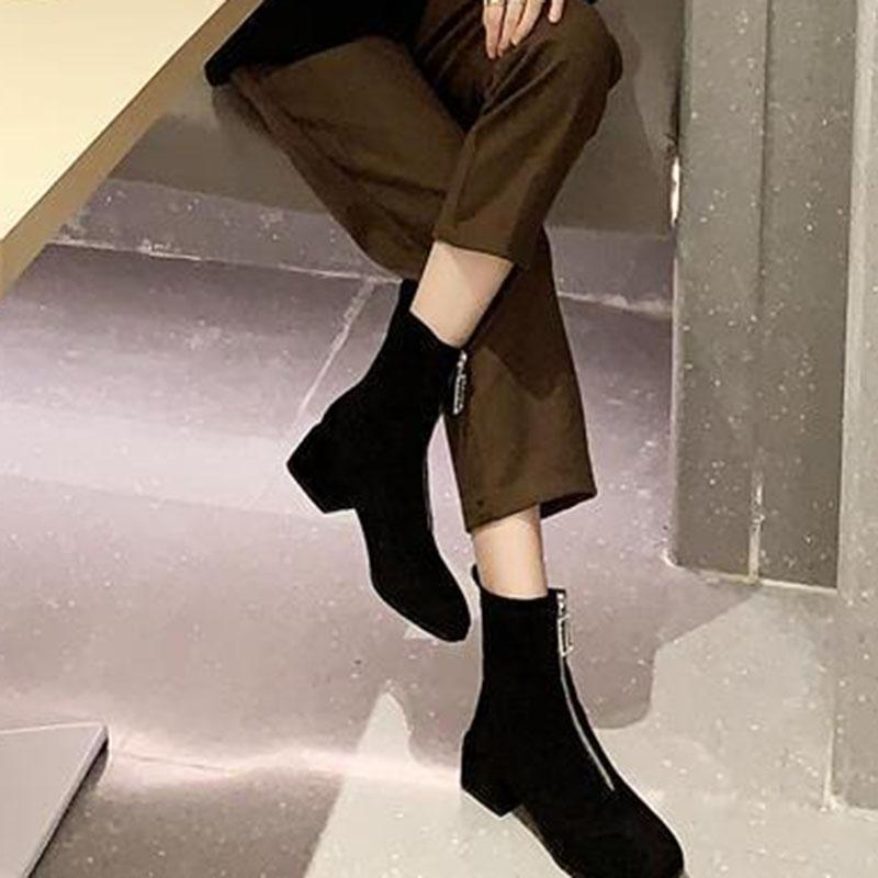 Autumn New Elastic Women's Short Boots Thick Heel Front Zipper Femme Shoes Square Toe Heel Black Suede Women's Botas Femininas