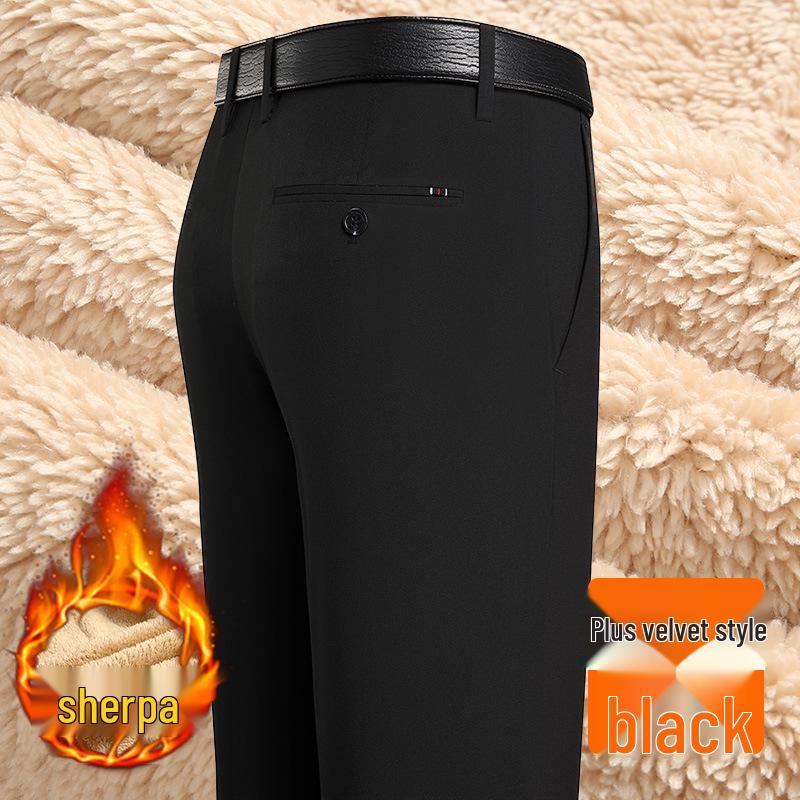 Men's Slim-Fit Business Suit Pants, Fleece-Lined Straight-Leg for Middle-Aged & Elderly, Autumn 2024 Collection.
