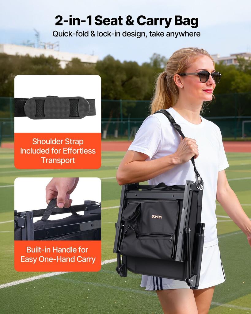 Stadium Seat, Portable Bleacher Seat with Armrest, Back Support and Thick Cushion, Bench Chair for Bleacher Includes Shoulder Strap, Hooks, Cup