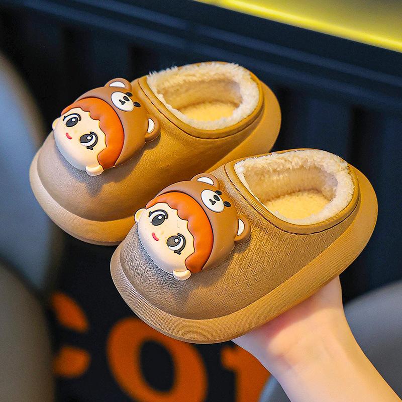 Children s cotton slippers for autumn and winter, boys  half-heel furry slippers, cute cotton slippers for little girls and toddlers 24-25Inner Length14cm коричневый