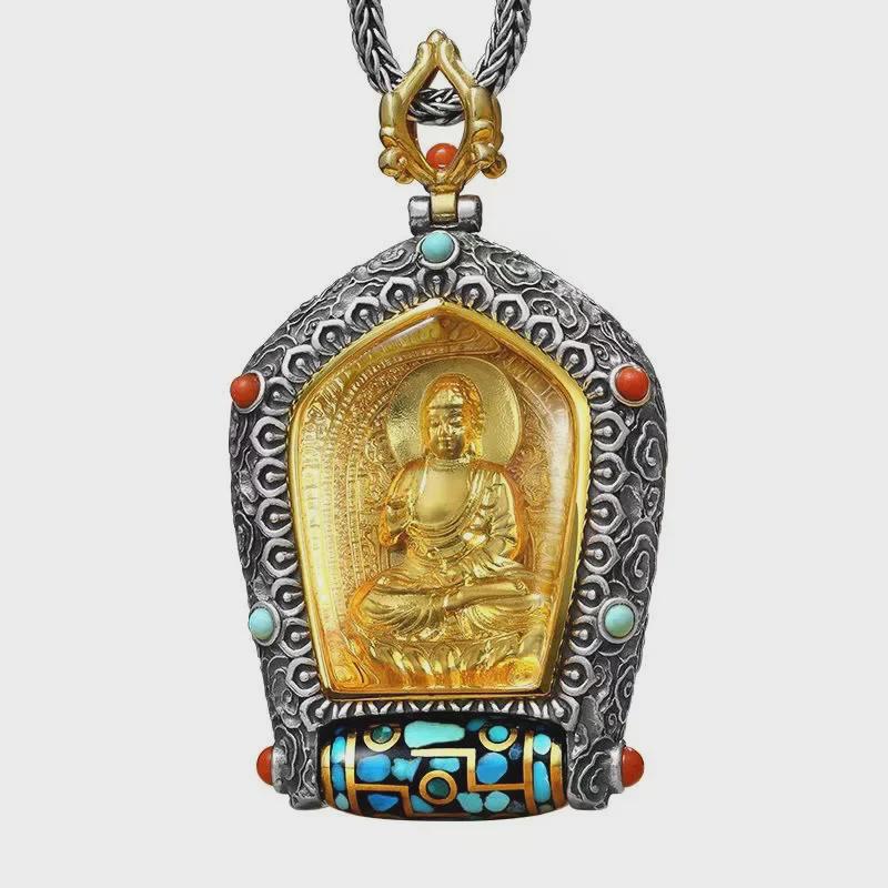 Guardian God Buddha Dzi Bead Pendant Necklace: Wealth God's Green Tara for Men and Women