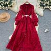 French retro court style bead single-breasted strap waist embroidered mesh dress women's elegant big swing dress