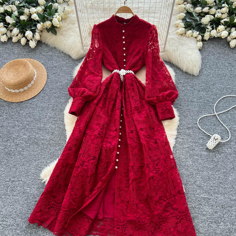 French retro court style bead single-breasted strap waist embroidered mesh dress women's elegant big swing dress