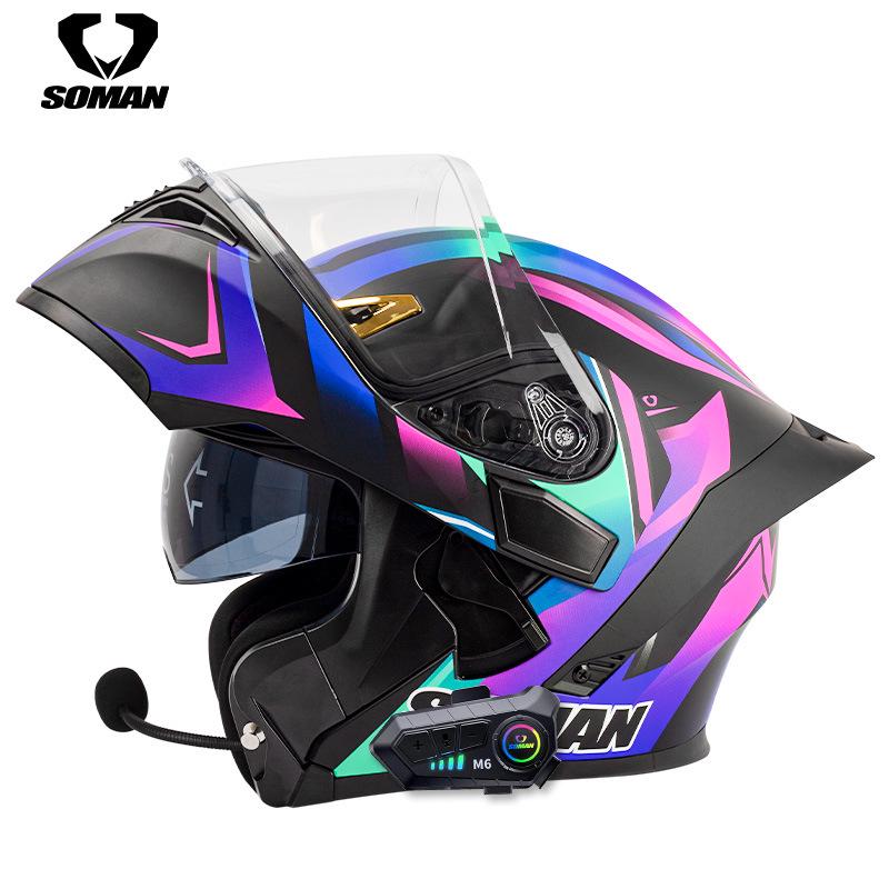 Casco de motocicleta abatible con Bluetooth y doble lente 3C Dot con auriculares M6 para todas las estaciones