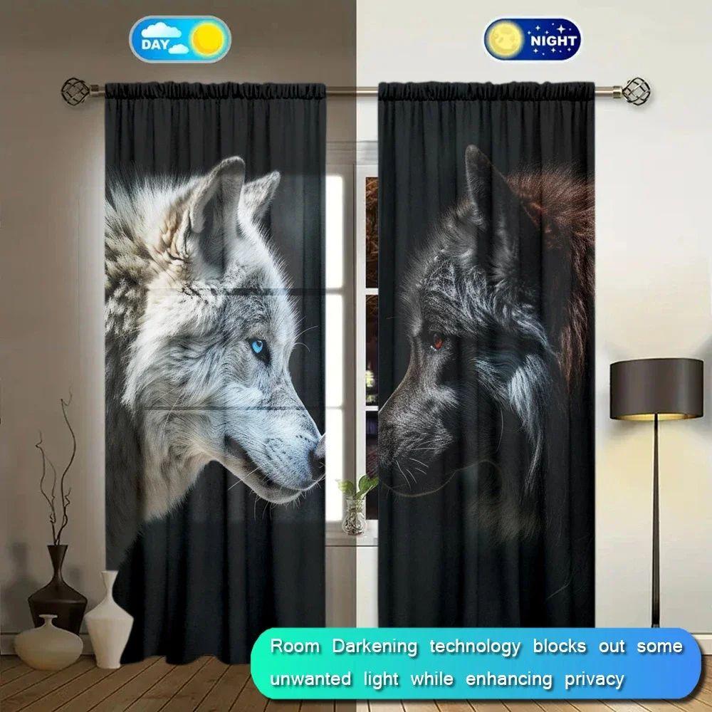 Vikama Twin Wolves Confrontation Printed Curtains Industrial Style Living Room Bedroom Gaming Decorative Nordic Polyester Sitting Window Treatment