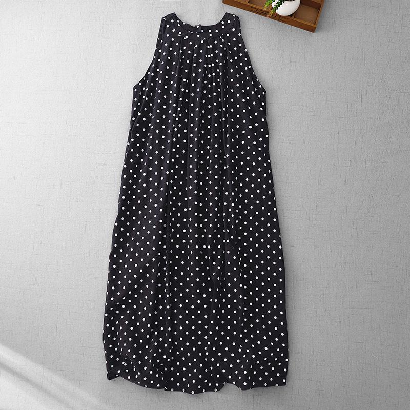 Sleeveless Polka Dot Halter Linen Maxi Dress - Naples Light, Old Money Style M чёрный