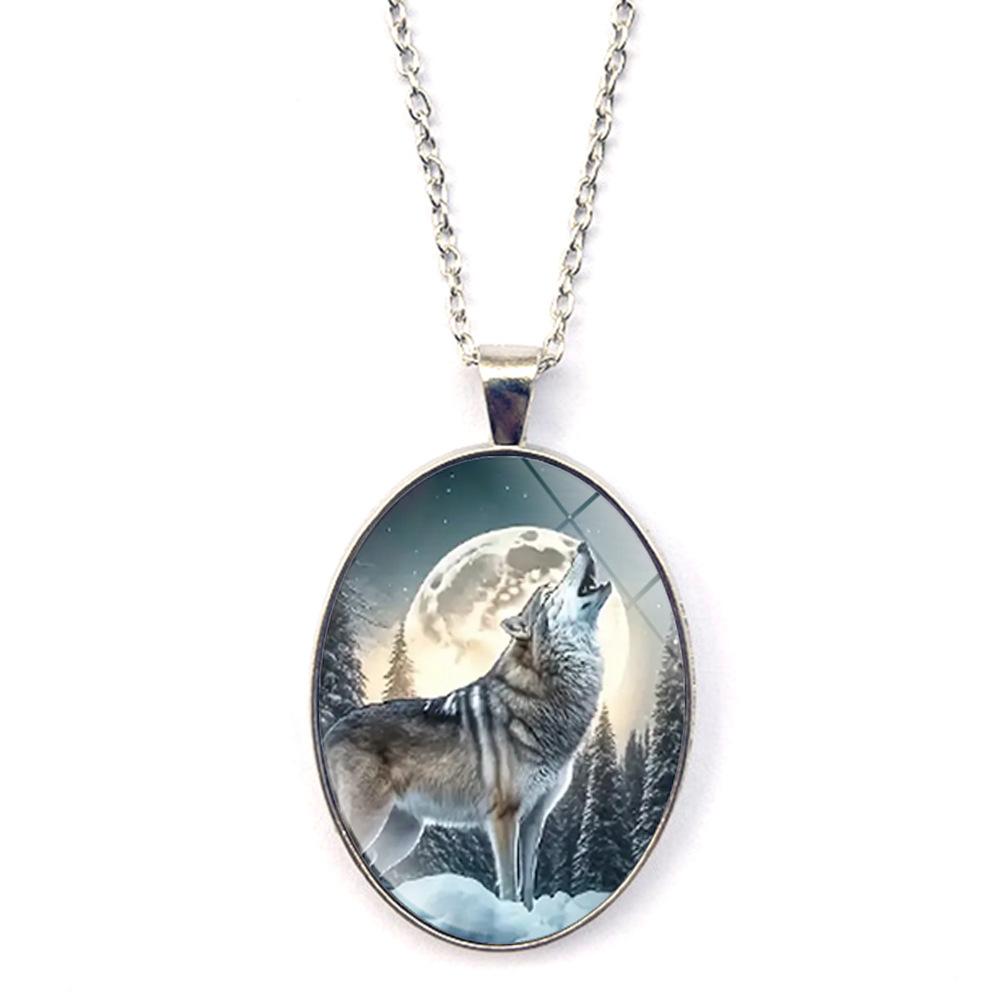 Howling Wolf Moon Oval Women's Jewelry Retro Gift Pendant Necklace