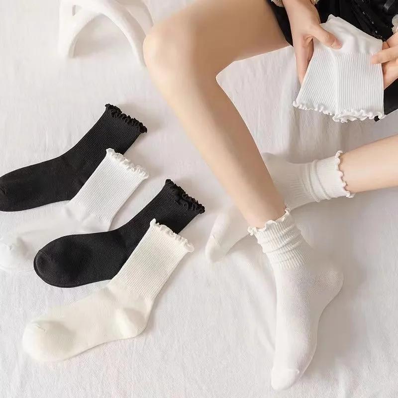 1/3/5 Paar Baumwoll-Rüschen-Knöchelsocken Damen Lolita Niedlich Kawaii Koreanische Strümpfe Mädchen Frühling Schwarz Weiß Mittellange Japanische Socken