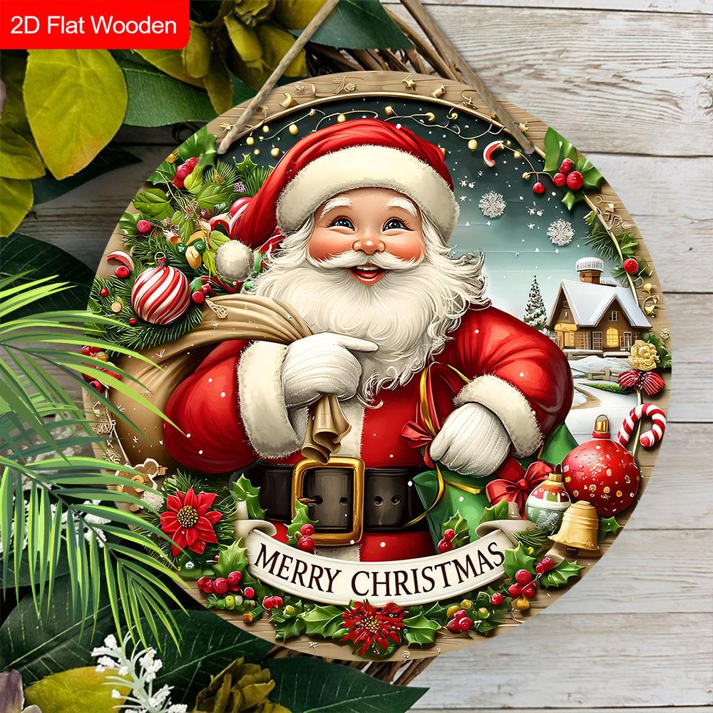 2D Flat 1pc Christmas “Santa Claus with A Bag” Logo Wooden Sign Decoration, Front Door Wall Decoration, Suitable for Home Offices, Garden Courtyards