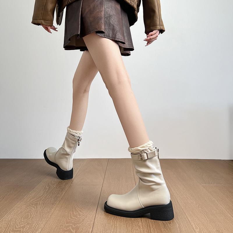 2025 autumn boots women's versatile apricot gentle short tube belt buckle short boots thick heel pile boots