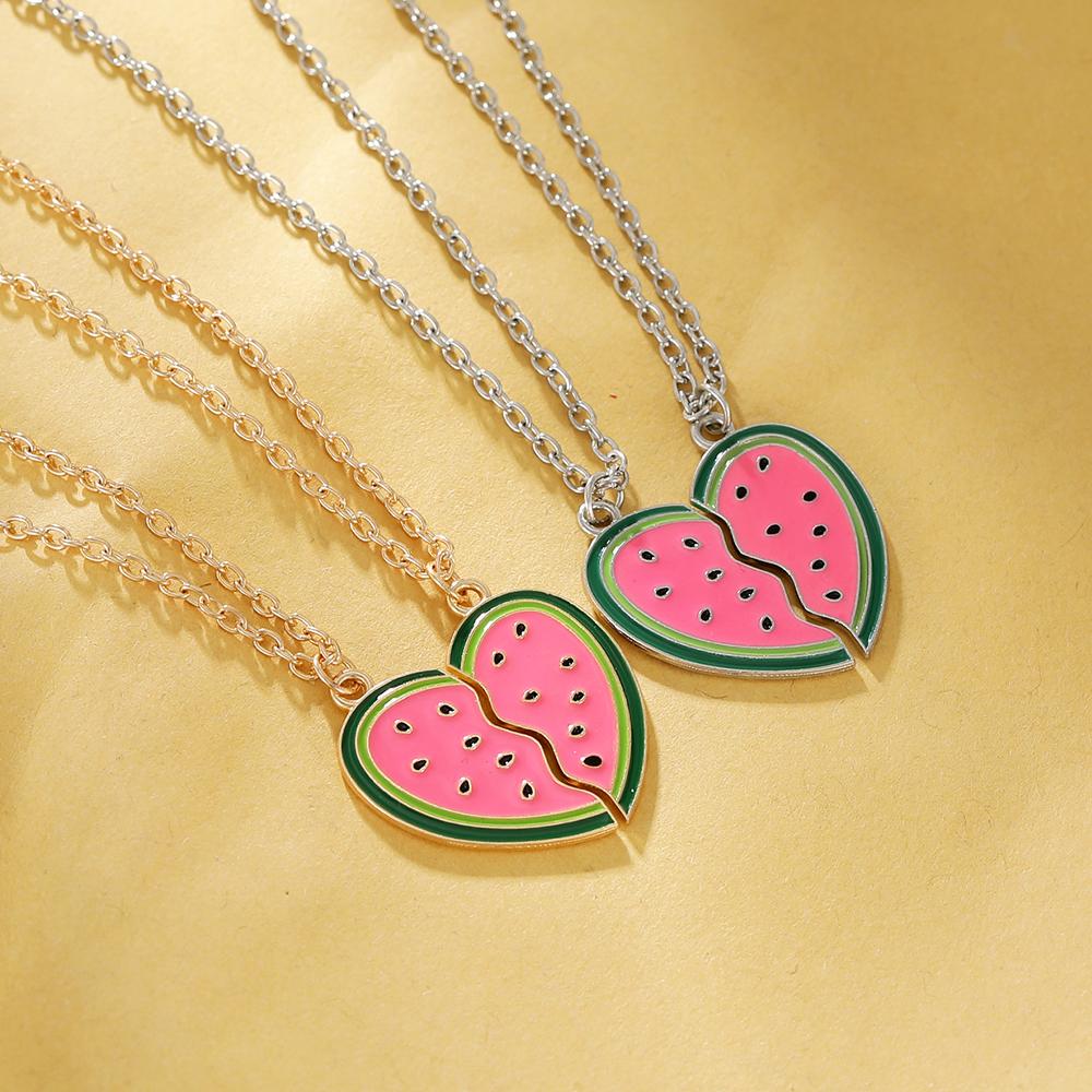 2 Stück/Set Süßes Sommer-Wassermelonen-Muster Herz-Puzzle Beste Freunde Halskette BFF Schmuck Für Frauen Mädchen Freundschaftsgeschenk
