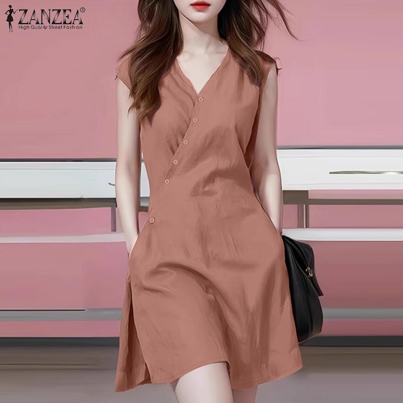ZANZEA Women Summer Casual V-Neck Loose Sleeveless Dress