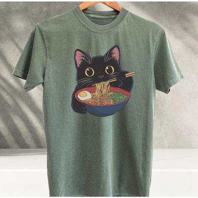 Ramen Cat TShirt Kawaii Anime Cat Japanese Foodies Graphic Tee Unisex Cotton Cute Cat Lover Shirt Harajuku Streetwear Y2K Top